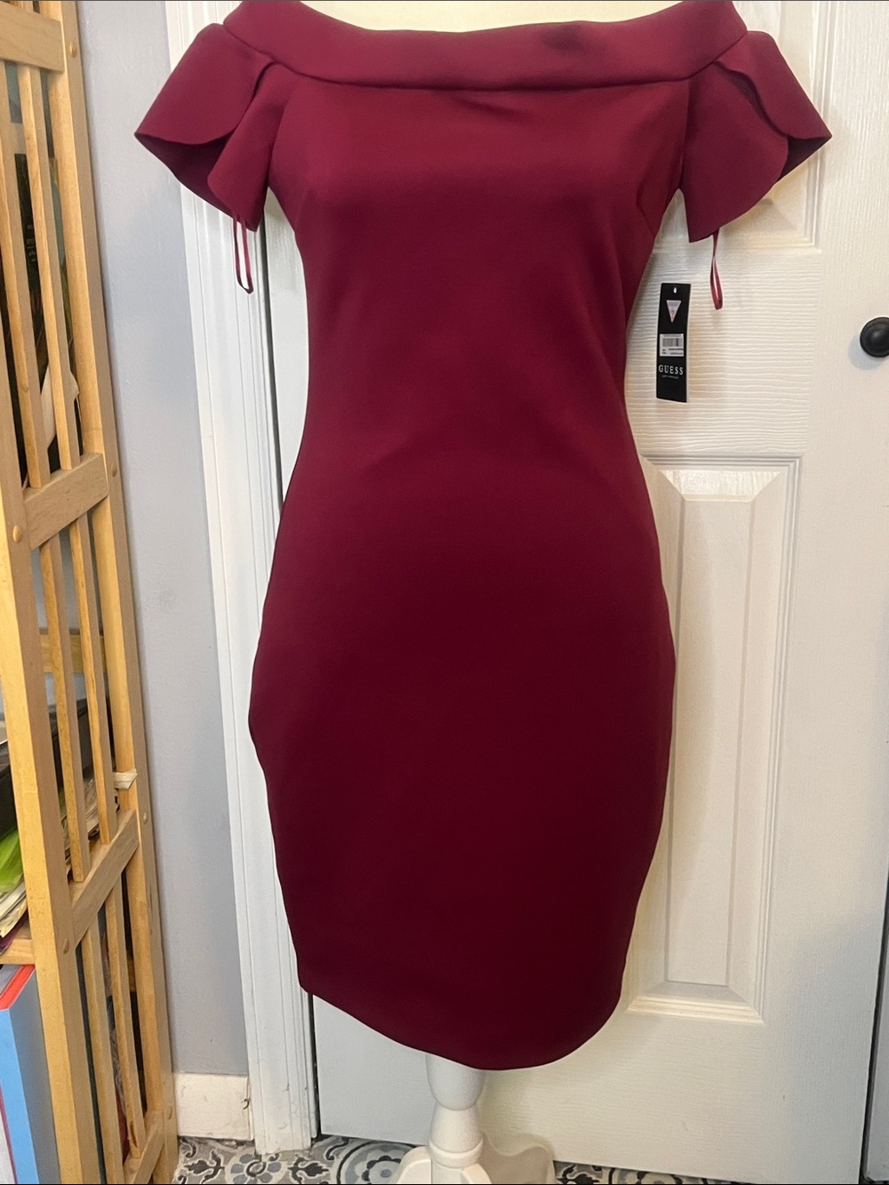 Guess Off-Shoulder Midi Dress in Burgundy size S. NWT